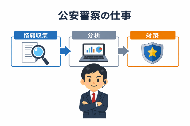 公安警察の仕事 情報収集から分析・対策までの流れを示した図解 AI生成画像