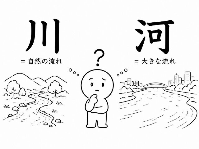 川と河の違いを示す図解イラスト。川＝自然の流れ、河＝大きな流れと説明した画像。AI生成画像
