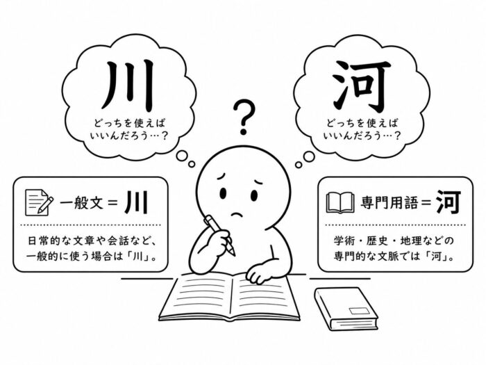 川と河の使い分け基準を示す図解イラスト。一般文は川、専門用語は河と説明した画像。AI生成画像