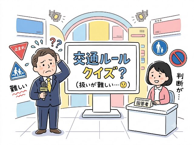 クイズ番組の司会者が「交通ルールクイズ？」と表示されたモニターを見て困っている様子を描き、交通ルールが出ない理由を示す構図（AI生成画像）