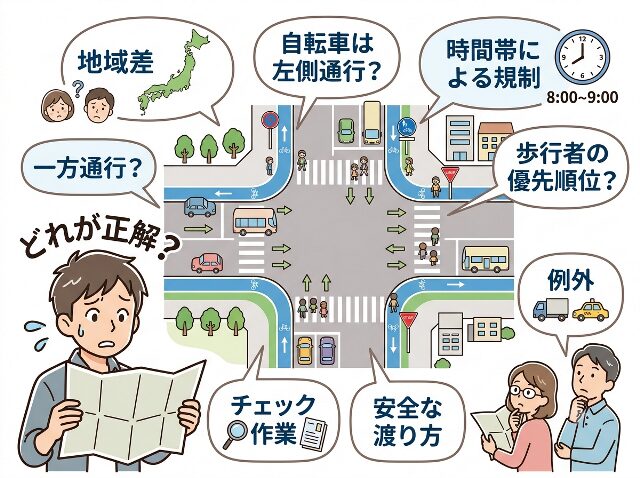 道路図と「地域差」「例外」「チェック作業」といった要素を示し、交通ルールのクイズが少ない理由を整理した図解（AI生成画像）