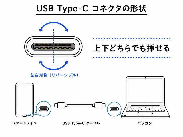 USB Type-C の左右対称の形状と「上下どちらでも挿せる」という文字を示した図解。USB Type-C とは何かを視覚的に説明したAI生成画像
