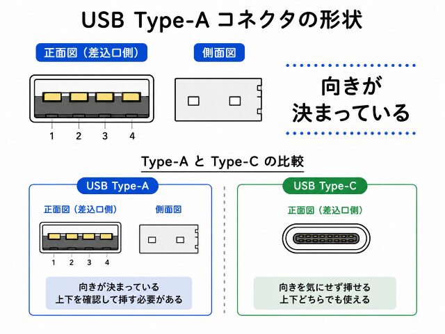 USB Type-A の四角い形状と「向きが決まっている」という文字を示した図解。USB Type-A 違いを理解しやすく整理したAI生成画像。