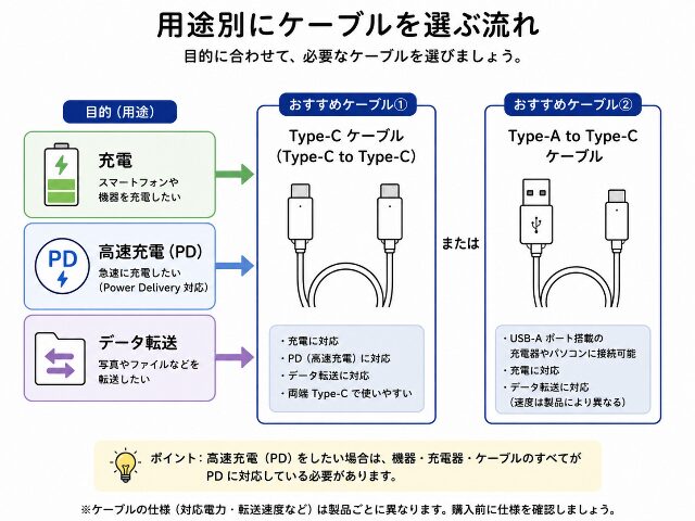 充電・高速充電・データ転送の用途別にケーブルを選ぶ流れを示した図解。「充電」「高速充電（PD）」「データ転送」の文字を含むAI生成画像。