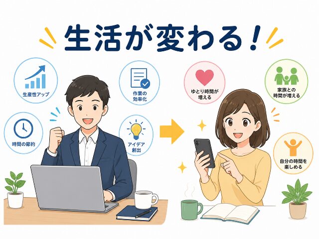 アンソロピックのAI技術によって仕事や日常生活が便利に変わる様子を表現した、ビジネスパーソンとスマホ利用者のシンプルなイラスト（AI生成画像）