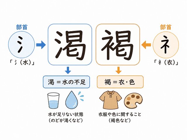 渇と褐の成り立ちを示す図解。氵は水の不足、衤は衣や色を表すと日本語で注記。AI生成画像
