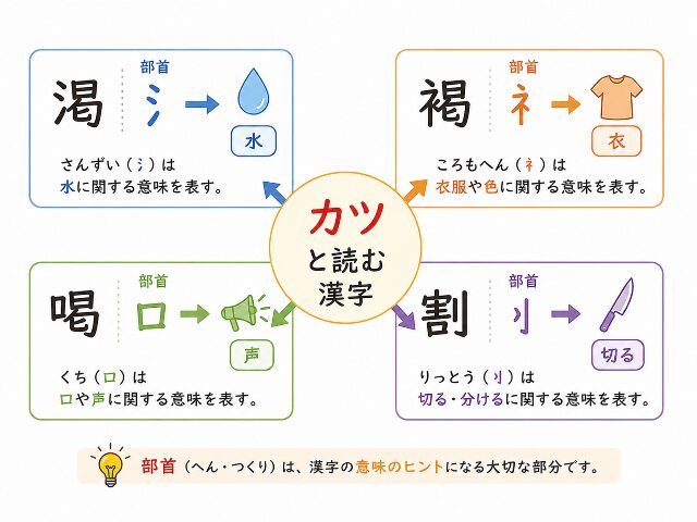 カツと読む漢字の例を並べ、部首が意味を方向づける様子を示す図解。AI生成画像