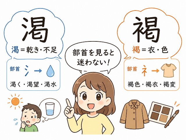 渇は乾き、褐は衣や色と吹き出しで説明し、部首を見ると迷わないと示すマンガ風図。AI生成画像