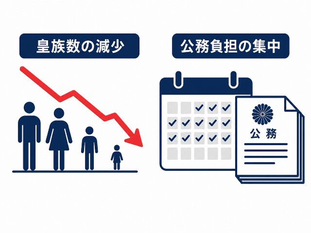 皇室典範が抱えていた課題である皇族数の減少と公務負担の集中を表した図解。（AI生成画像）