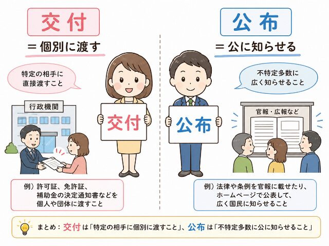 交付は個別に渡す、公布は公に知らせるという違いを示す図解。「交付=個別に渡す」「公布=公に知らせる」と表示(AI生成画像)