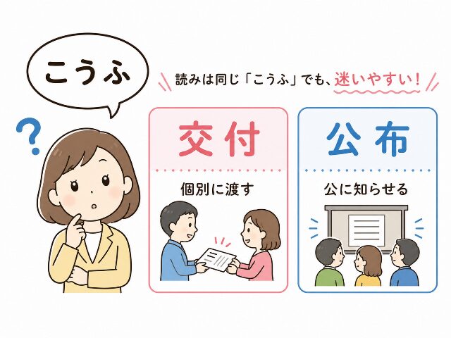 「こうふ」と同じ読みで交付と公布が並び、混同しやすい理由を示す図解(AI生成画像)