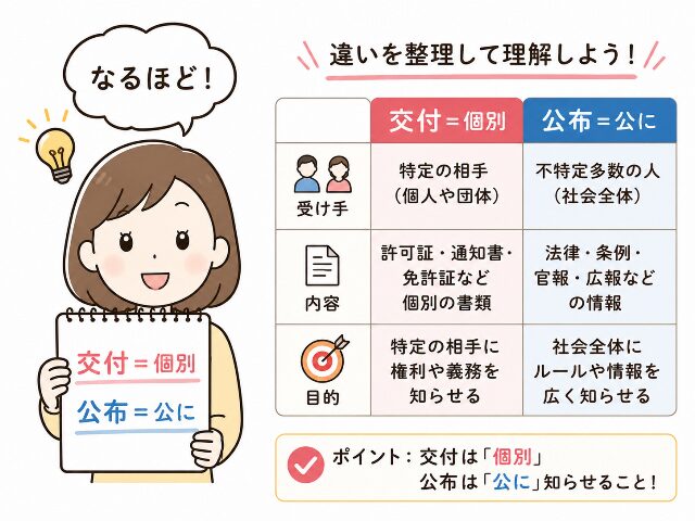 交付は個別、公布は公にという覚え方と、使い分けのチェックポイントを示す図解(AI生成画像)
