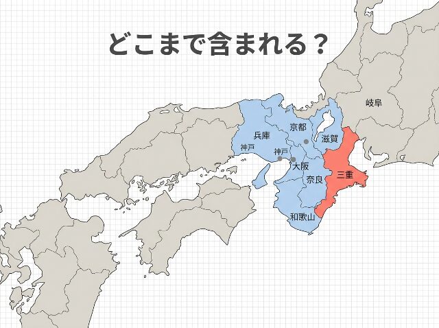 関西地方と近畿地方の府県を色分けした地図。三重県が強調され、「どこまで含まれる？」と記載されている（AI生成画像）