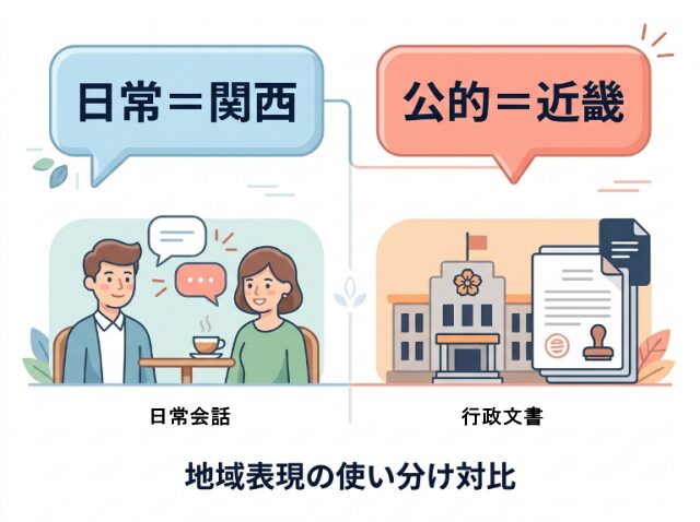 日常では関西、公的な場面では近畿を使うことを示す吹き出し図。「日常＝関西」「公的＝近畿」と記載されている（AI生成画像）