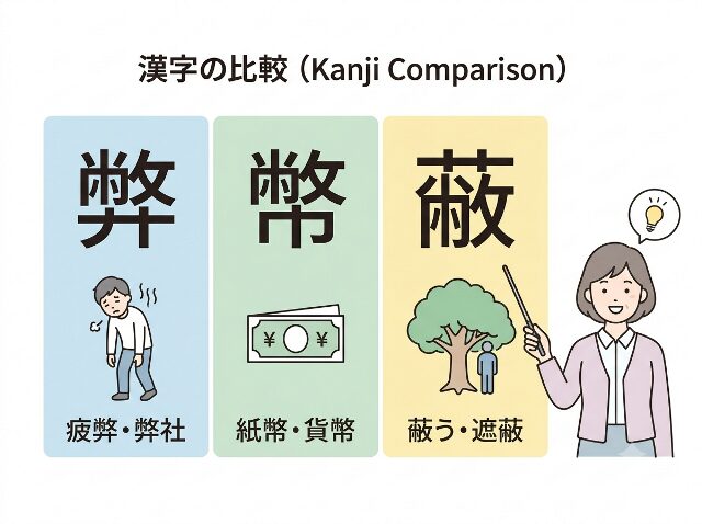 「弊」「幣」「蔽」の部首と基本的な意味の違いを比較した図解(AI生成画像)