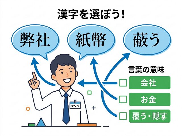 「弊社」「紙幣」「蔽う」の使い分けを場面別に示した図解(AI生成画像)
