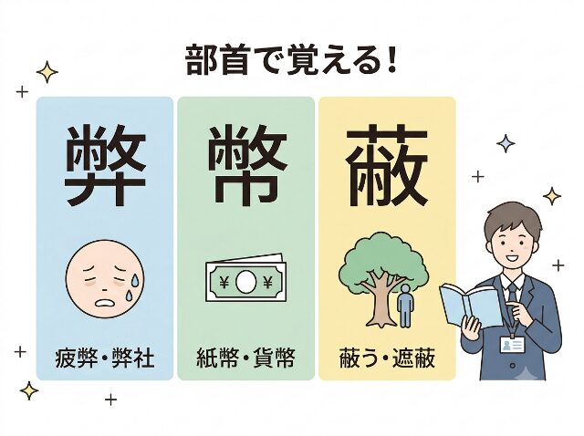 「弊」「幣」「蔽」を部首と意味で覚える方法を示したイラスト(AI生成画像)