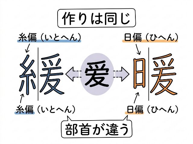緩と暖の漢字を並べ、共通の作り「爰」と部首の違いを示す図解。「作りは同じ」「部首が違う」と表記。AI生成画像