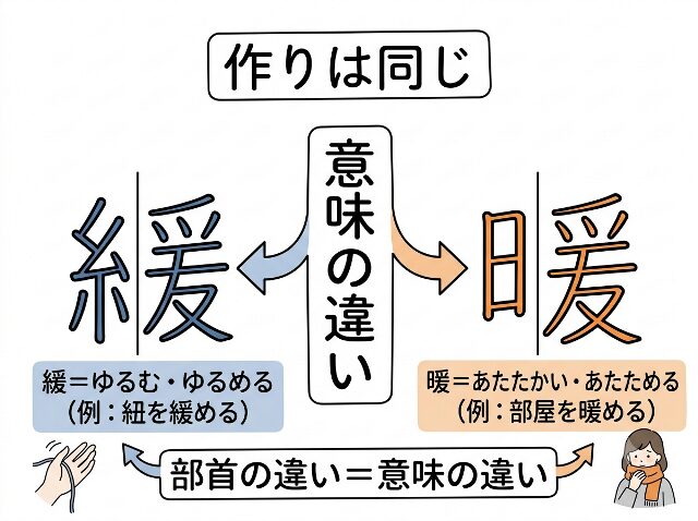 緩は「ゆるむ」、暖は「あたたかい」と意味の違いを対比した図解。「意味の違い」と表記。AI生成画像
