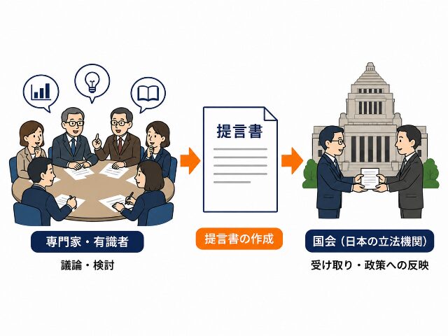 専門家や有識者が集まり社会課題の提言書をまとめて政府・国会に提出する国民会議の仕組み［AI生成画像］