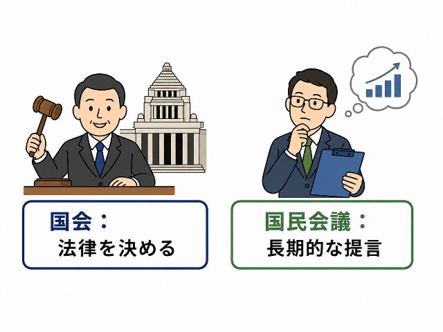 法律を決定する国会と専門的視点で長期的な提言を行う国民会議の役割対比［AI生成画像］