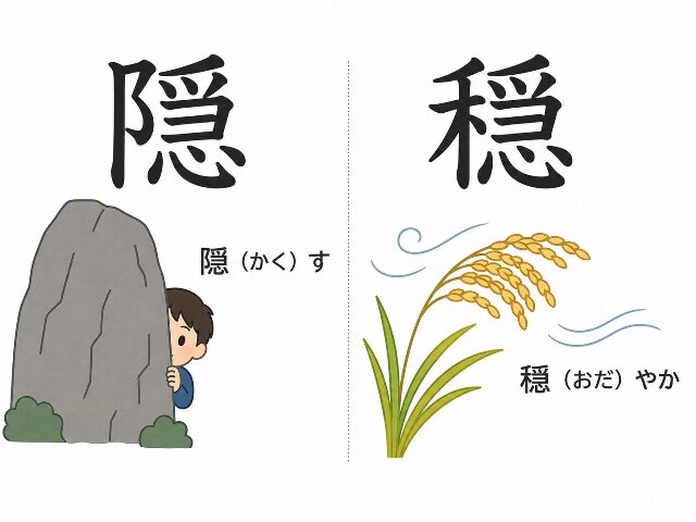 大きな壁の陰に隠れるキャラクターと、風に揺れる穏やかな稲穂のイラストで表現した、漢字の「隠」と「穏」の意味の違い。AI生成画像