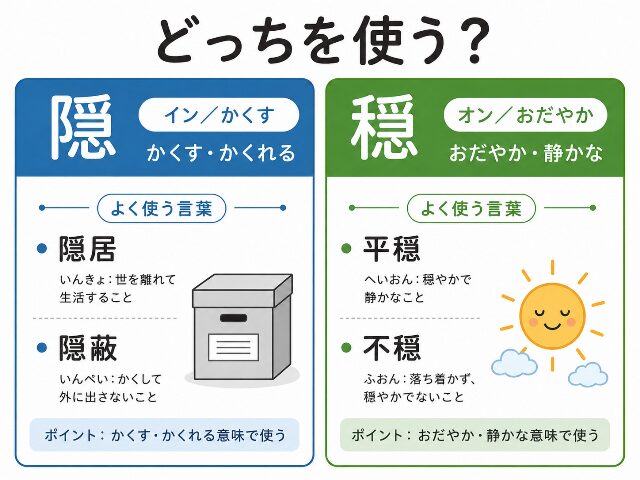 「どっちを使う？」という文字とともに、隠居・隠蔽などの「隠」を使う熟語と、平穏・不穏などの「穏」を使う熟語を左右で比較した見分け方の図解。AI生成画像