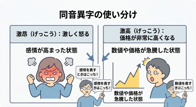 激昂は感情、激高は数値の上昇を示す例文を並べた図解。「感情か数値かで使い分け」と表示。AI生成画像