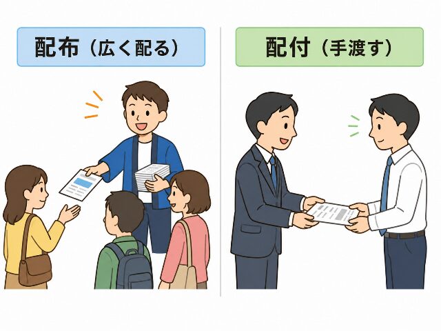 配布は不特定多数へ広く配ること、配付は特定の人へ手渡すこと、という漢字使い分けの違いを解説した比較図。画像内に「配布（広く配る）」「配付（手渡す）」の文字あり（AI生成画像）