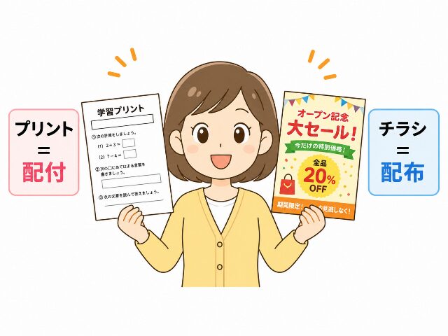 学校のプリントは配付、お店のチラシは配布と、具体的なシーンに合わせた使い分けを示すイラスト。画像内に「プリント＝配付」「チラシ＝配布」の文字あり（AI生成画像）