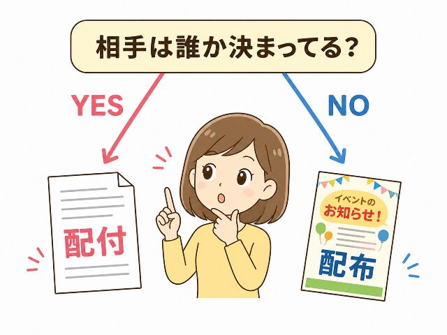 配布と配付の違いに迷った際、配る相手が決まっているか（YESなら配付、NOなら配布）で判断できる簡易フローチャート。画像内に「相手は誰か決まってる？」の文字あり（AI生成画像）