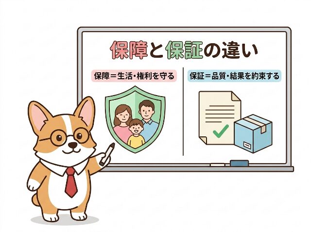 「保障と保証の違い」「保障＝生活・権利を守る」「保証＝品質・結果を約束する」と比較した図解。AI生成画像