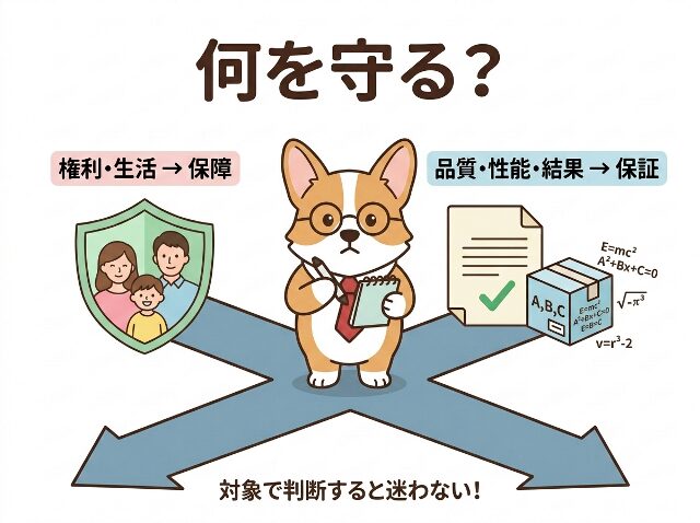「何を守る？」を基準に保障と保証の使い分けを示した図解。「対象で判断すると迷わない！」と表示。AI生成画像