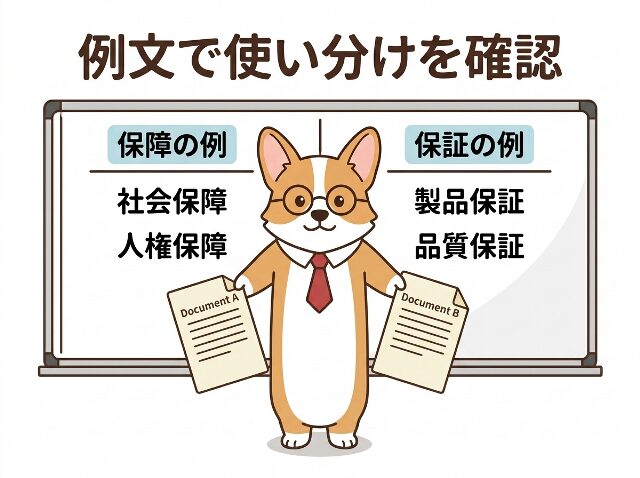 「例文で使い分けを確認」「社会保障・人権保障」「製品保証・品質保証」をまとめた図解。AI生成画像
