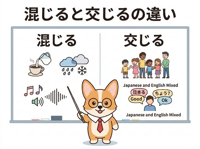 「混じる」と「交じる」の違いを比較した図。「混じると交じるの違い」「混じる」「交じる」と表示。AI生成画像