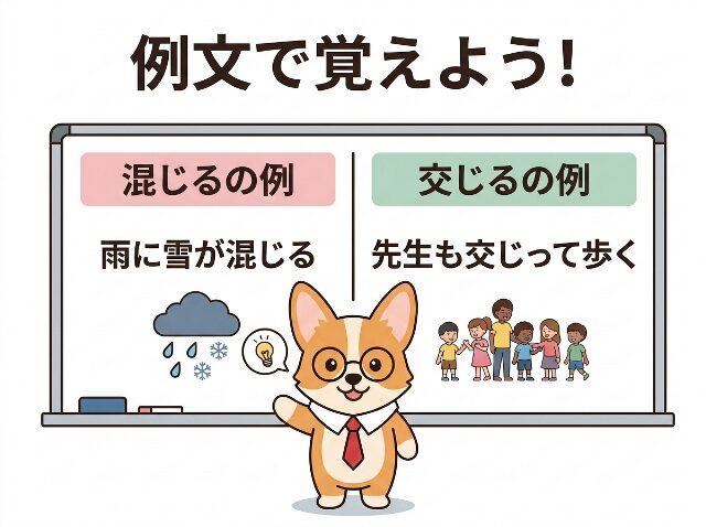混じると交じるの例文を比較した図。「例文で覚えよう！」「混じるの例」「交じるの例」と表示。AI生成画像
