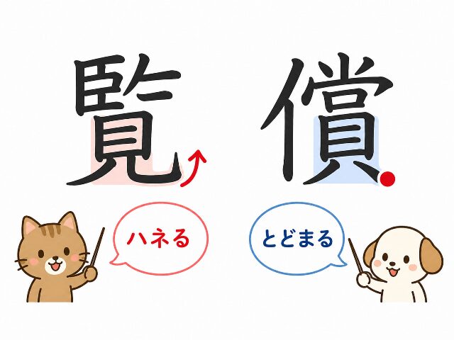 一見そっくりな漢字「覧」のハネる書き方と「償」のとどまる書き方の違い。画像内に「ハネる」「とどまる」の日本語テキスト。AI生成