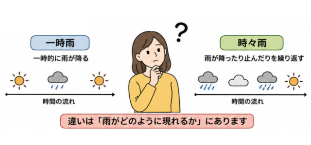 一時雨と時々雨の違いを時間の流れで比較。「一時雨」「時々雨」「違いは『雨の現れ方』」と表示されたAI生成画像