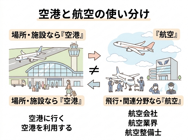 空港と航空の使い分けを示す図解。「場所・施設なら空港」「飛行・関連分野なら航空」と表示。AI生成画像