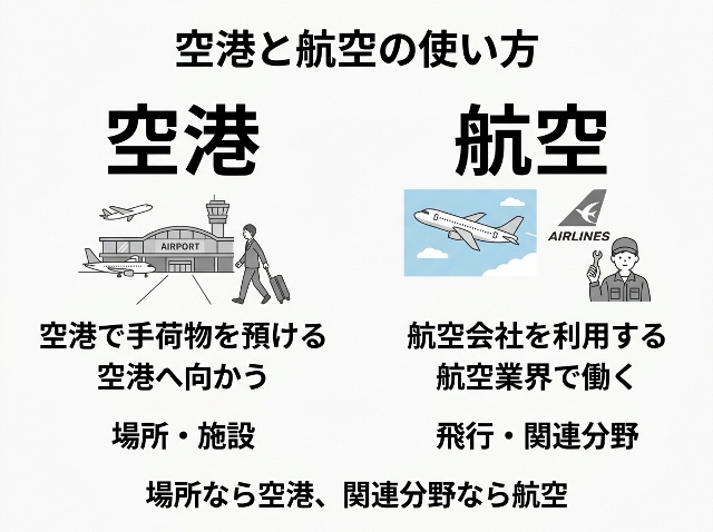 空港と航空の使い方を例文で比較。「空港で手荷物を預ける」「航空会社を利用する」などを表示。AI生成画像