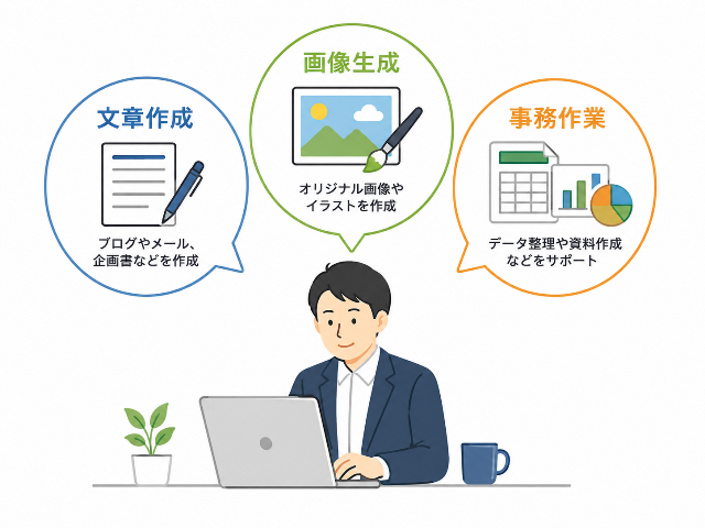 文章作成・画像生成・Office作業など目的別における生成AIの使い分けを示すイラスト。（AI生成画像）