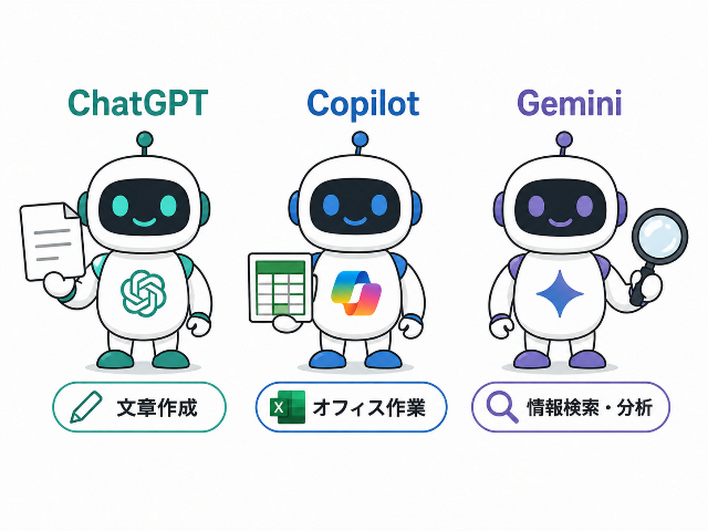 ChatGPT・Copilot・Geminiの3大AIの特徴を比較した図解イラスト。ChatGPTは文章作成、CopilotはOffice連携、Geminiは情報検索の強みを示す。（AI生成画像）
