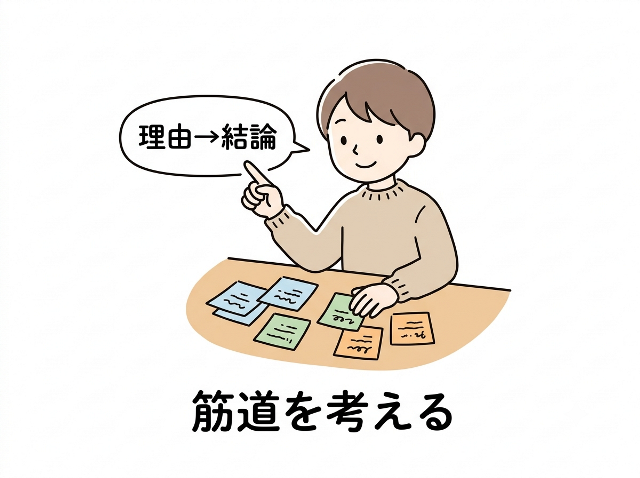 論理の基本である「理由→結論」を示す図解とキャラクターが筋道を考えている様子を表現したイラスト（AI生成画像）