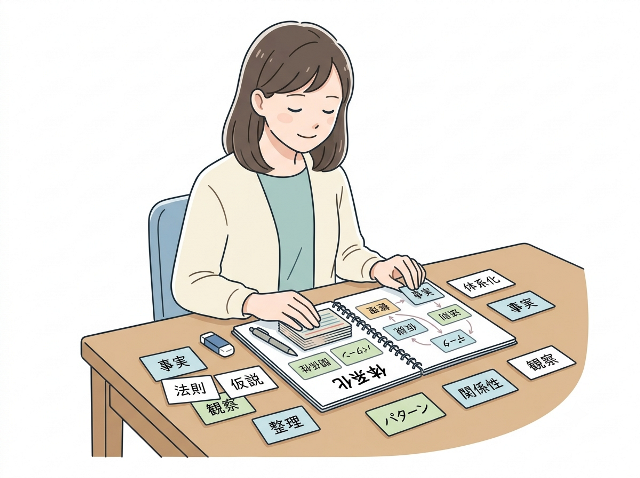 事実や法則をまとめて体系化する様子を示す図解で、理論の特徴を視覚的に説明したイラスト（AI生成画像）