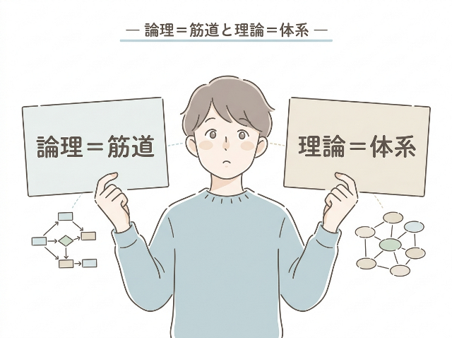 論理の筋道と理論の体系を左右で比較し、違いを視覚的に整理した図解イラスト（AI生成画像）