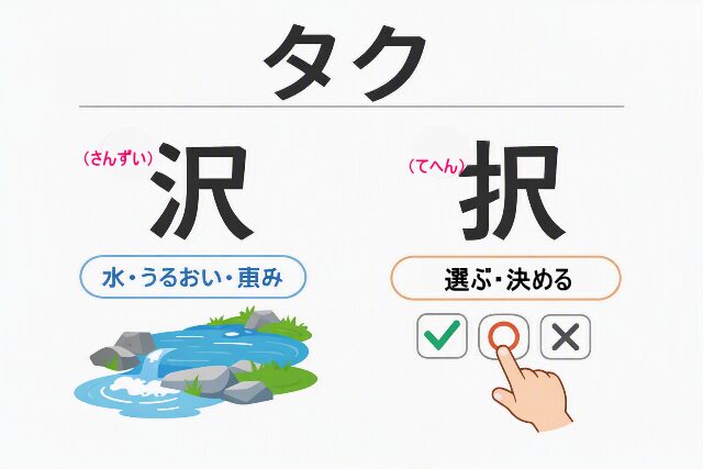 タクと読む漢字の違いを示す「沢」と「択」の比較図。さんずいの沢は水や恵み、てへんの択は選ぶ意味を表す。AI生成画像