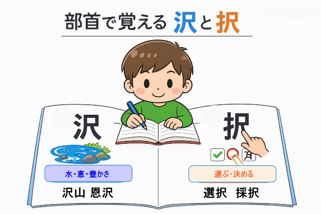 沢と択の覚え方を説明する図解。さんずいの沢とてへんの択を例文「沢山」「選択」とともに紹介。AI生成画像