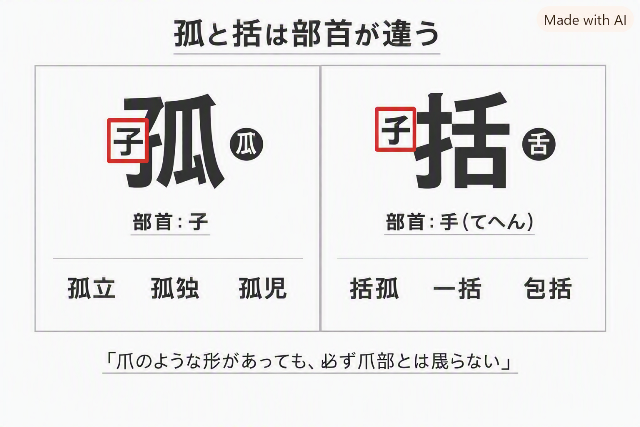 「孤」は子部、「括」は手部であることを比較し、「孤立」と「括弧」の部首の違いを示す図解。(AI生成画像)