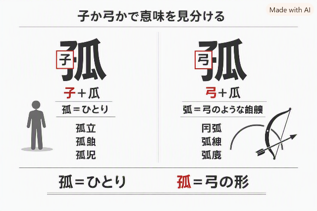「孤」と「弧」を「子」と「弓」の部首で比較し、「孤＝ひとり」「弧＝弓の形」と示した図解。(AI生成画像)