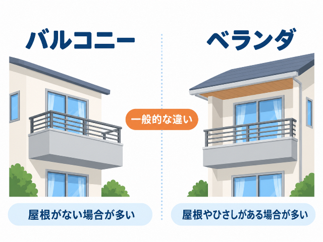 バルコニーとベランダの違いを比較。「バルコニーは屋根がない場合が多い」「ベランダは屋根やひさしがある場合が多い」。AI生成画像